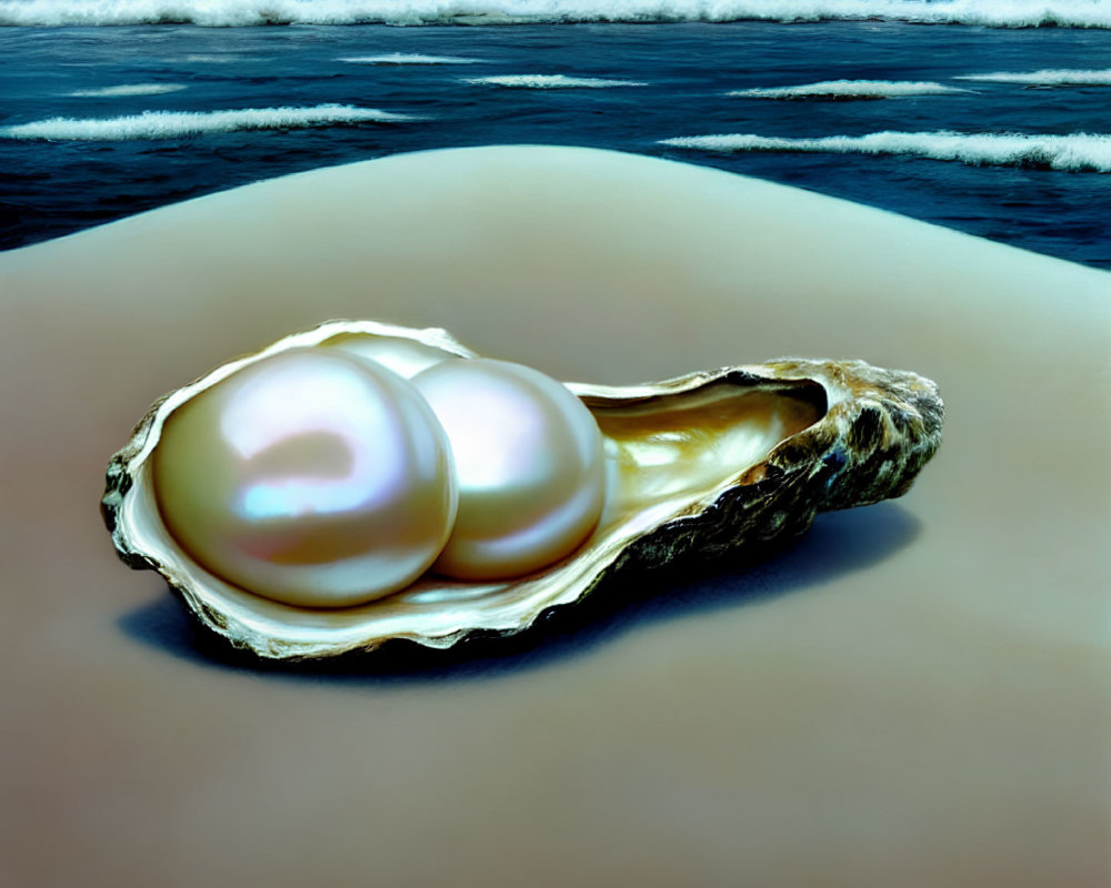 Luminous pearls in open oyster shell on sandy shore with waves and cloudy sky