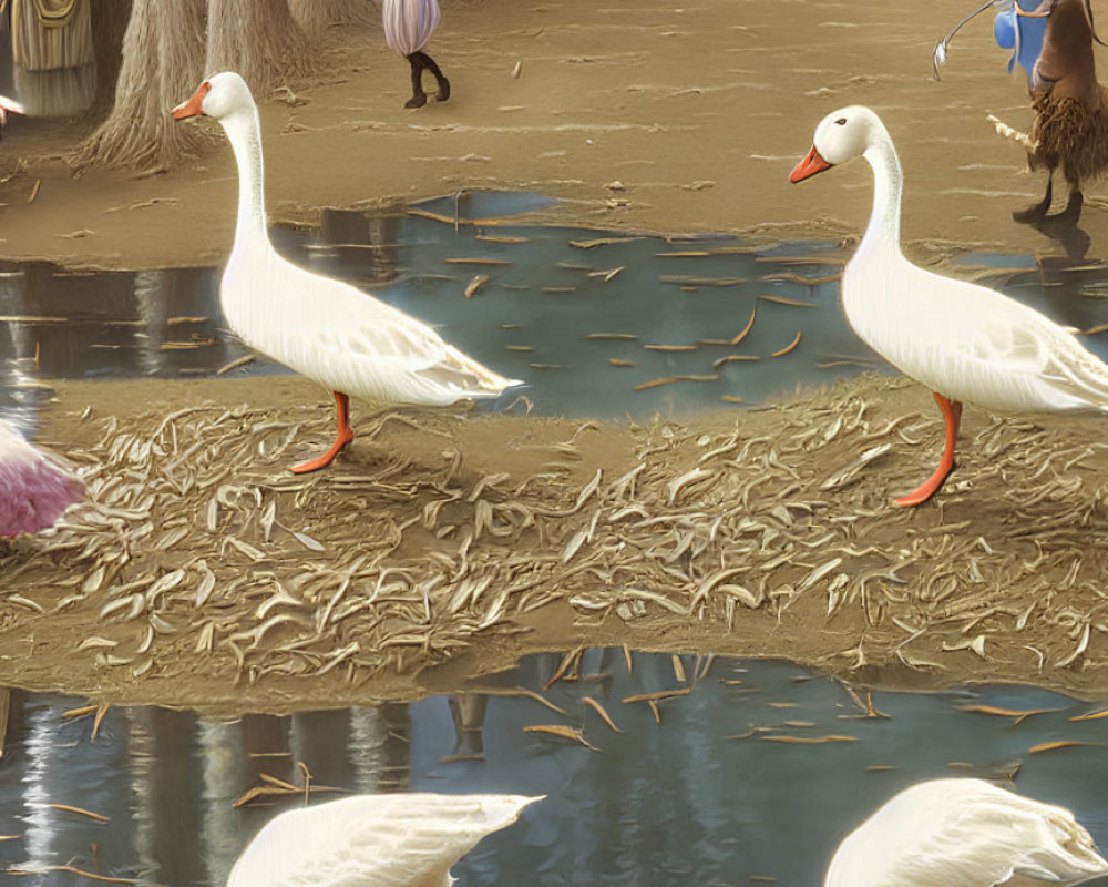 Two geese on log with water reflections, people in forest background.