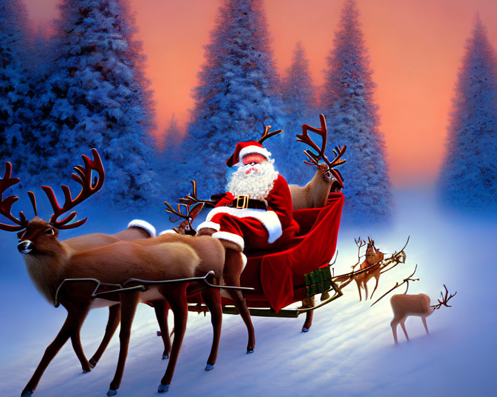 Santa Claus riding sleigh pulled by reindeer in snowy forest at dusk.