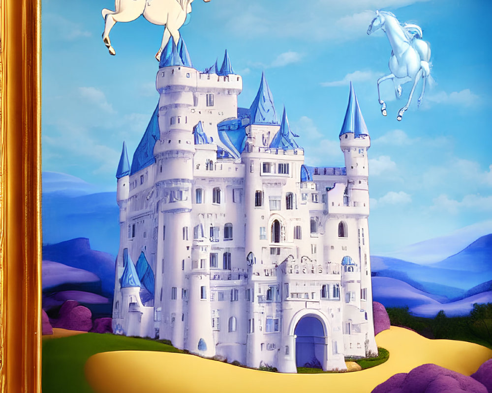Whimsical painting of white castle and winged horse in purple landscape