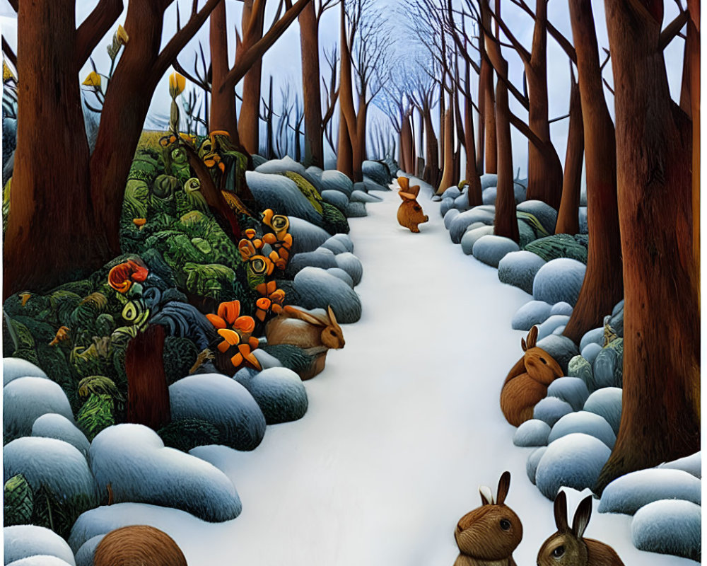 Snowy Forest Path with Stylized Trees and Brown Rabbits