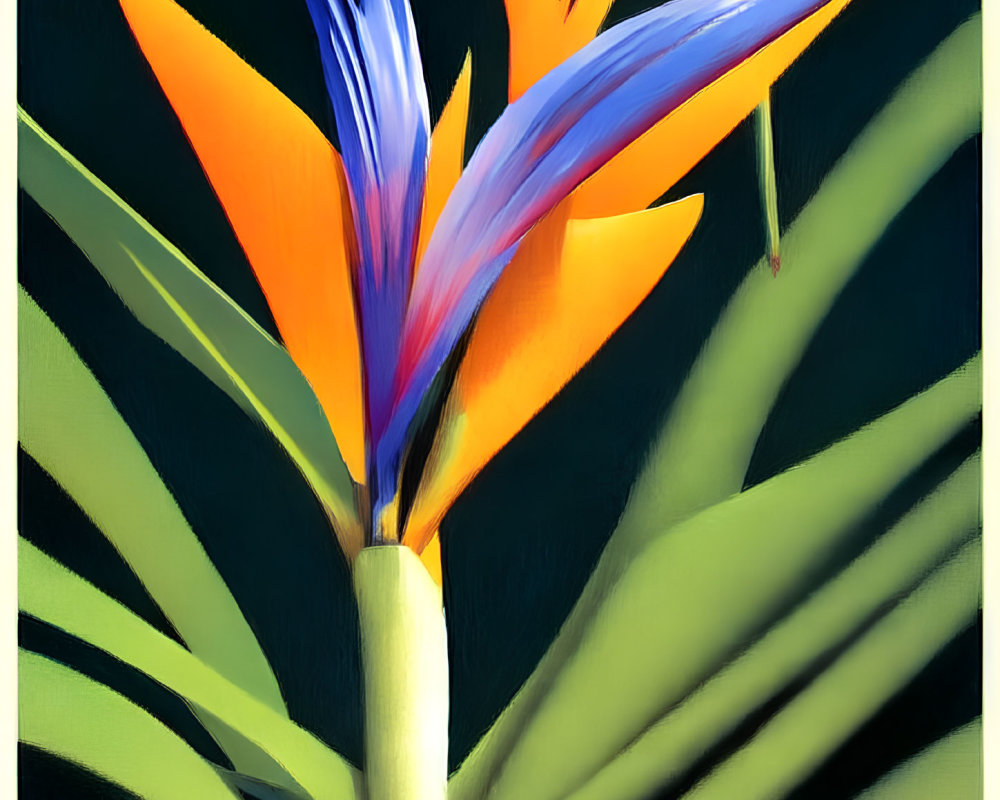 Colorful Bird of Paradise Flower Painting with Orange and Blue Petals