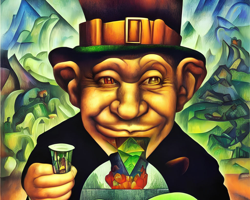 Vibrant smiling leprechaun caricature with green suit and hat, holding clover and