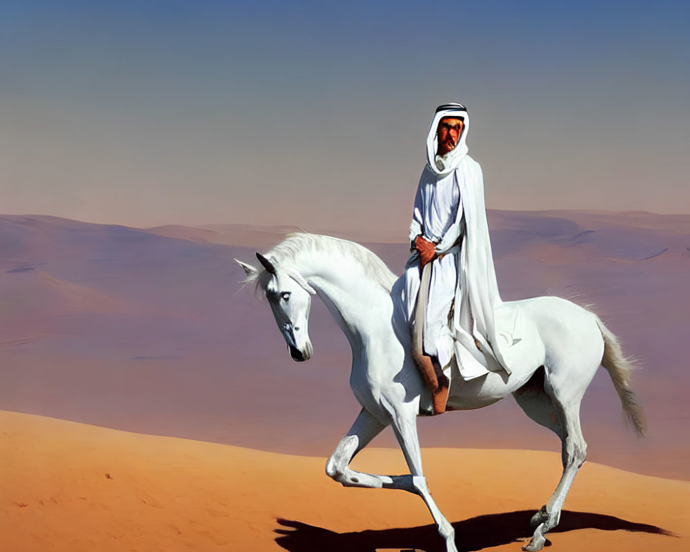 Man in white robes on white horse in desert landscape under blue sky