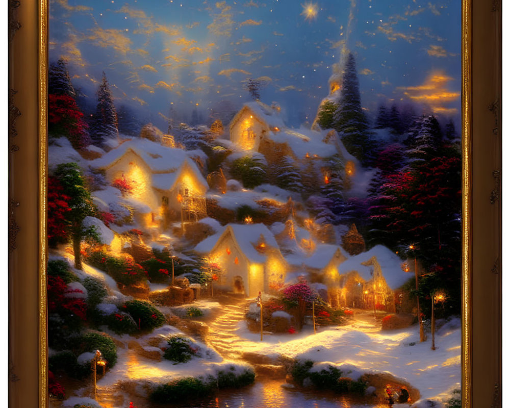 Snow-covered village at night: illuminated houses, starry sky, frozen river
