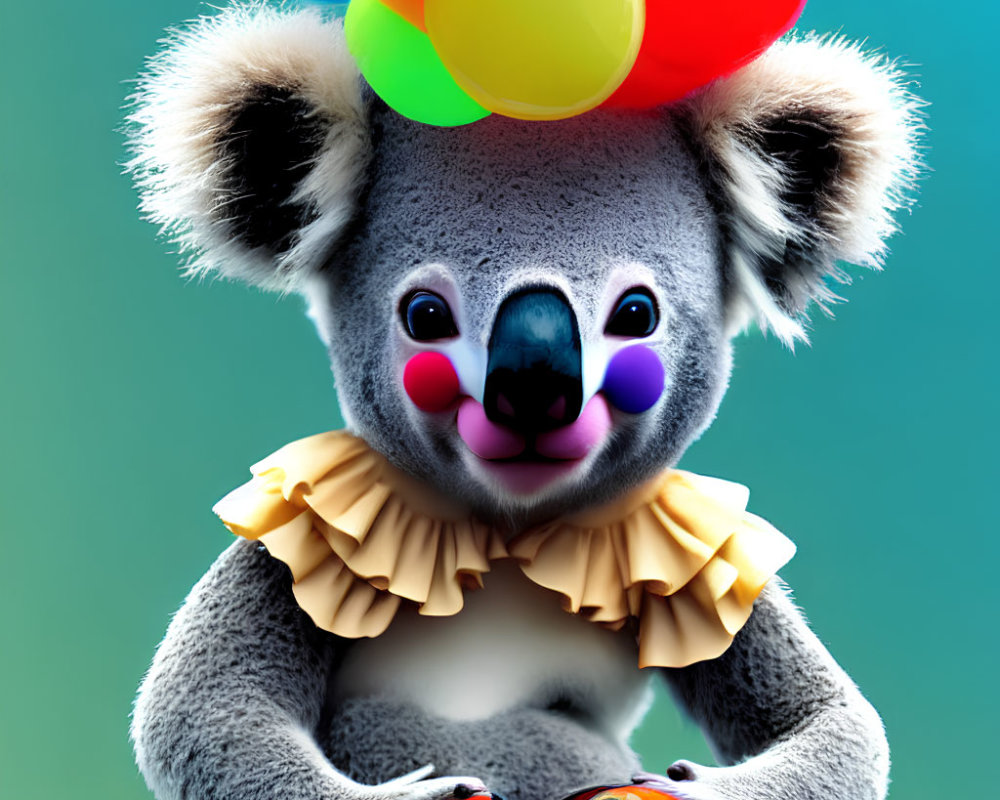 Colorful Clown Koala Balancing Balls on Head in Blue-Green Setting