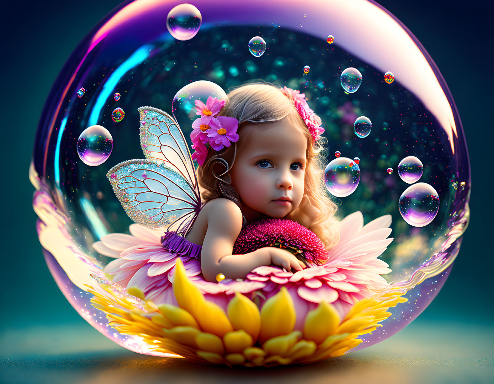 Young girl with butterfly wings in bubble amidst teal backdrop