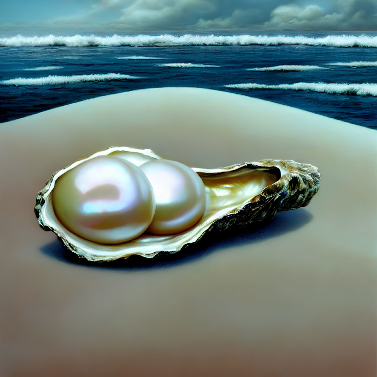 Luminous pearls in open oyster shell on sandy shore with waves and cloudy sky