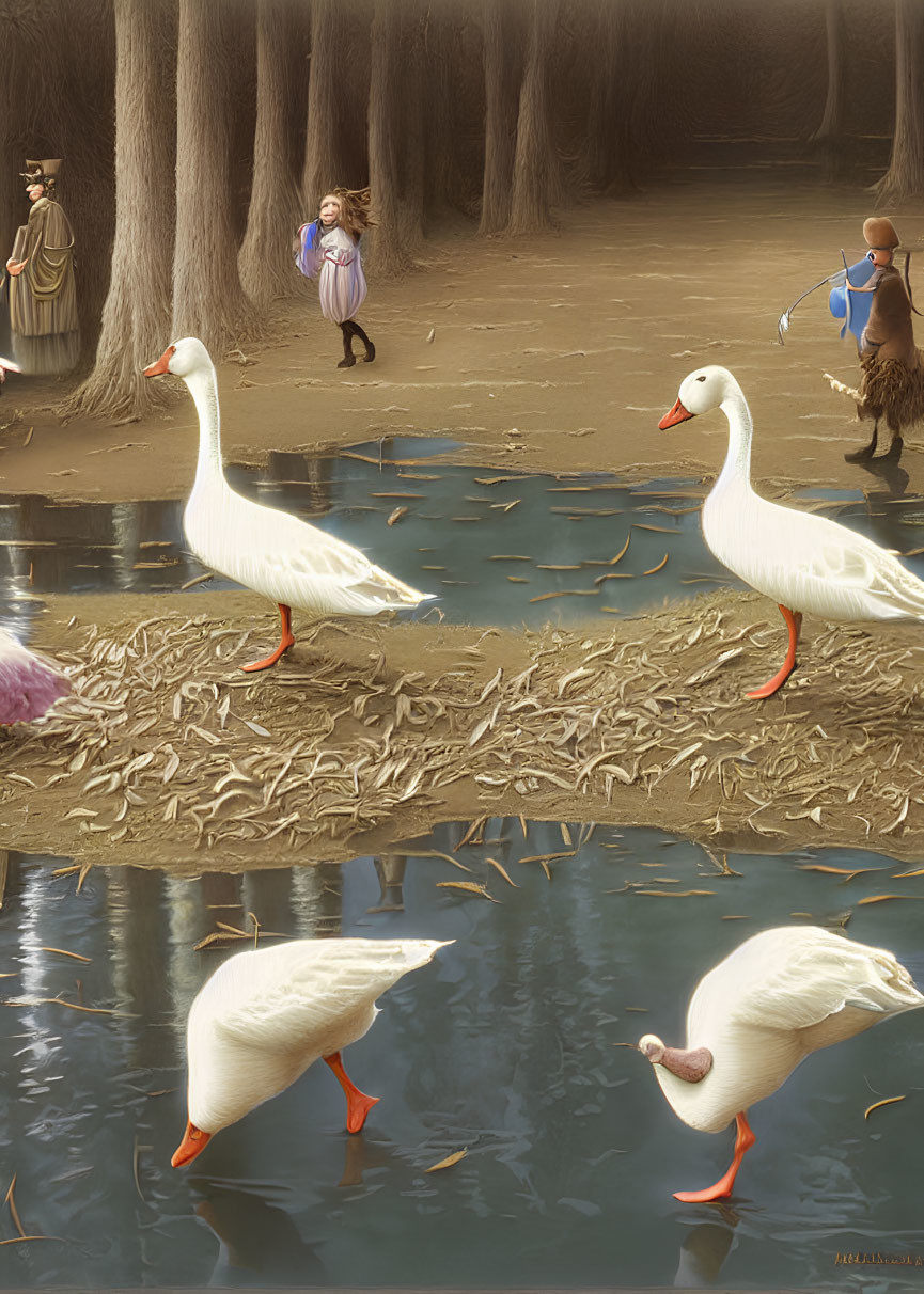 Two geese on log with water reflections, people in forest background.