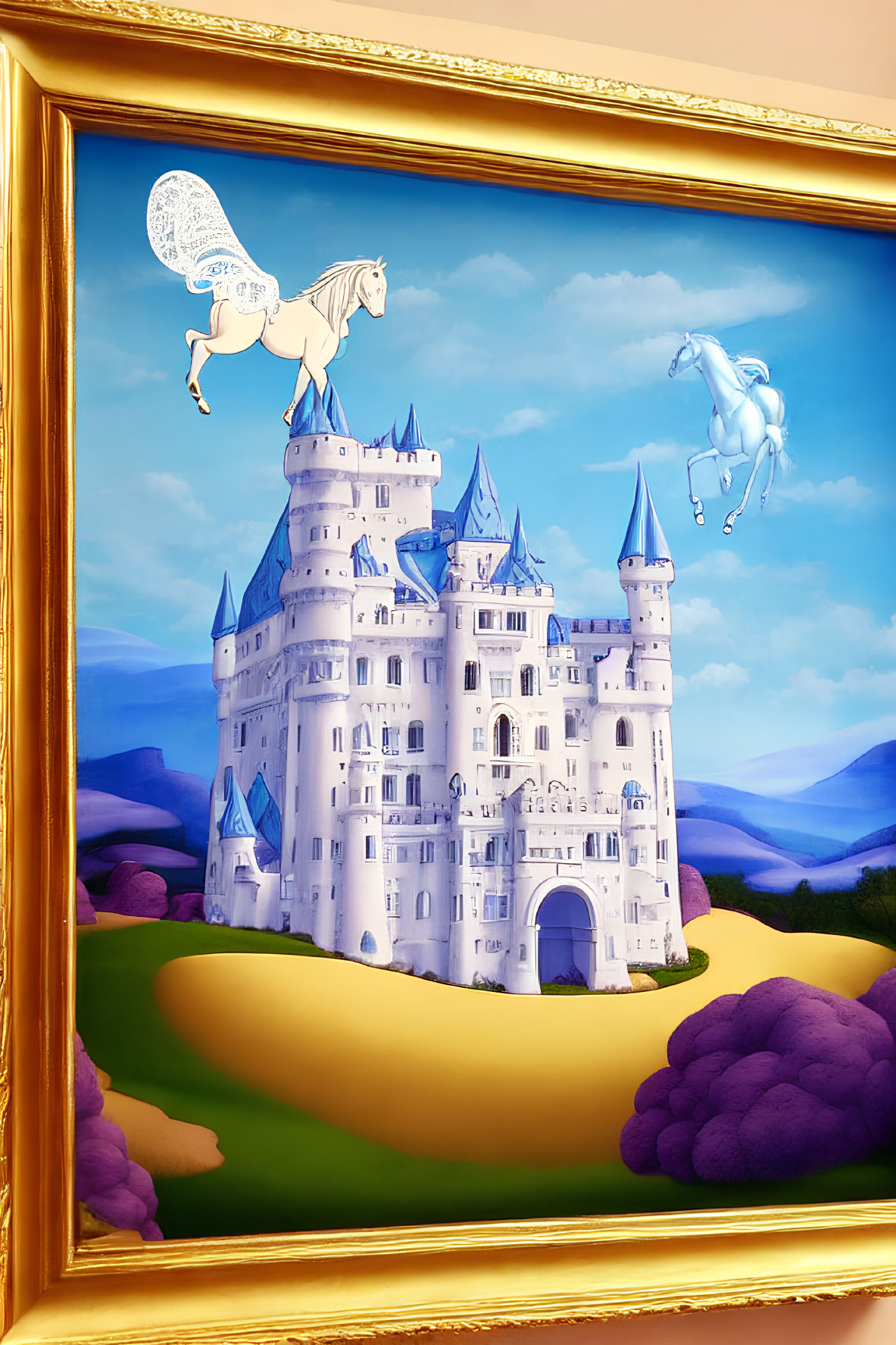 Whimsical painting of white castle and winged horse in purple landscape