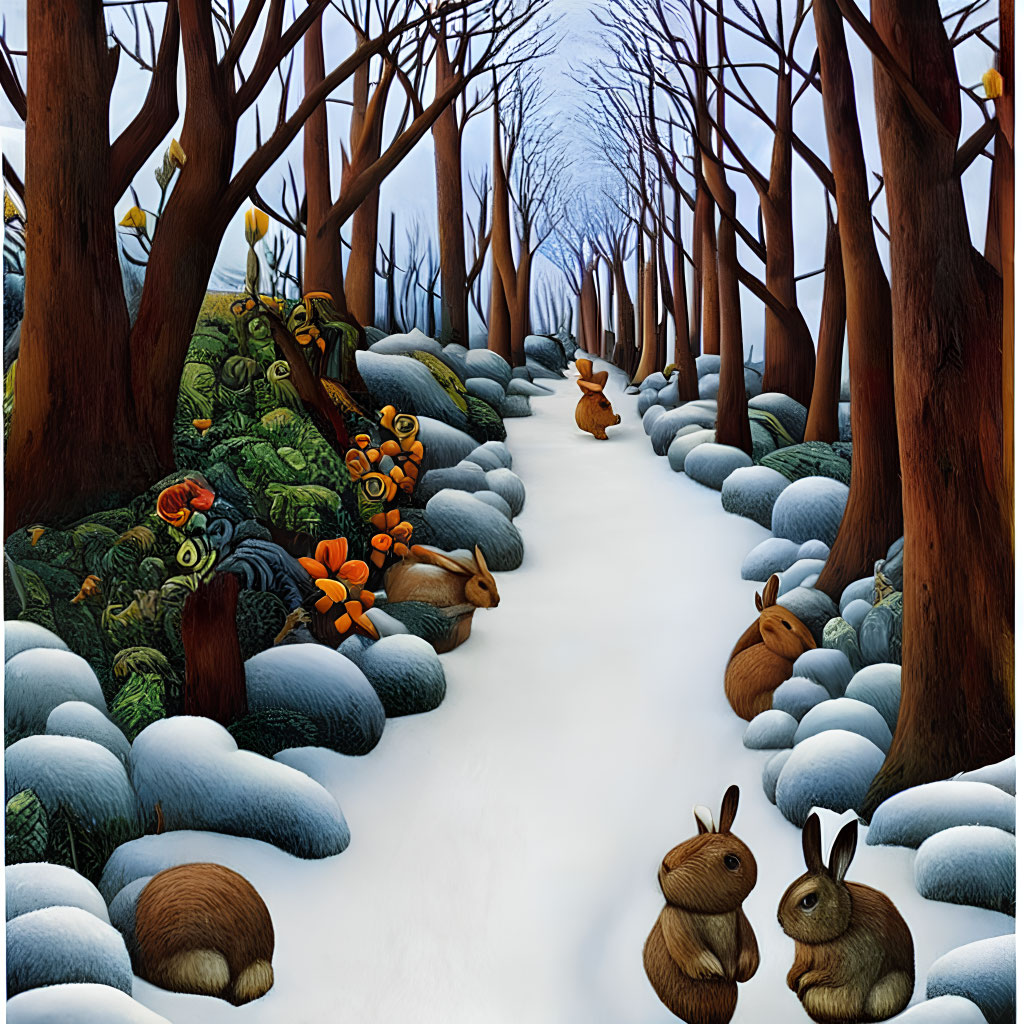 Snowy Forest Path with Stylized Trees and Brown Rabbits