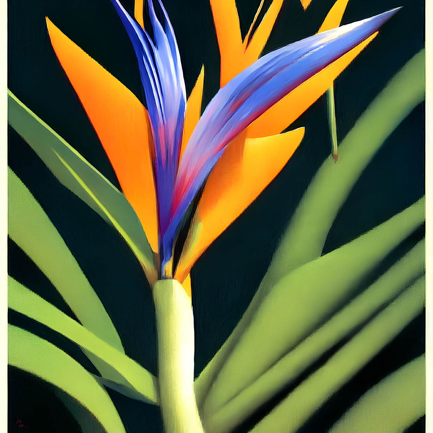 Colorful Bird of Paradise Flower Painting with Orange and Blue Petals