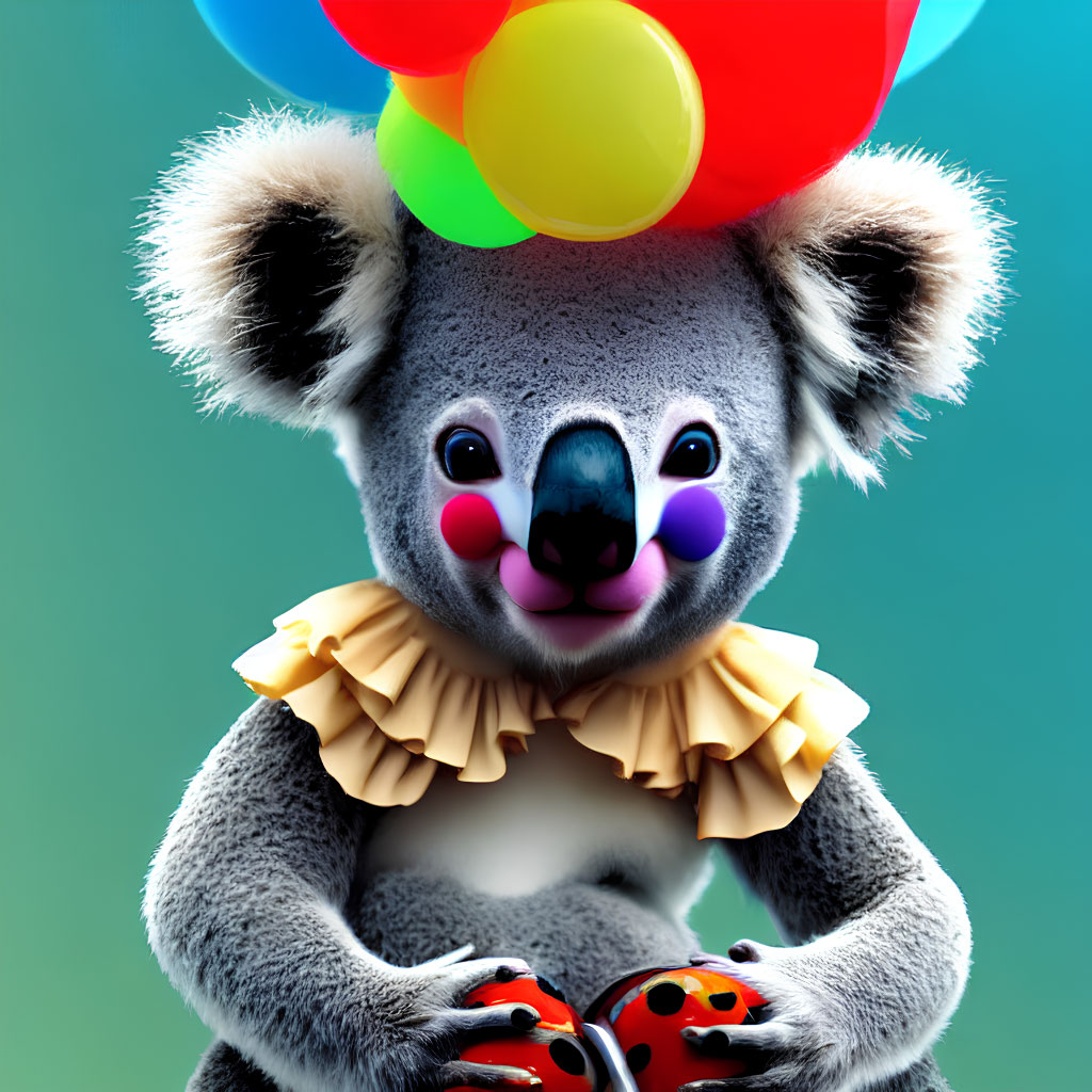 Colorful Clown Koala Balancing Balls on Head in Blue-Green Setting