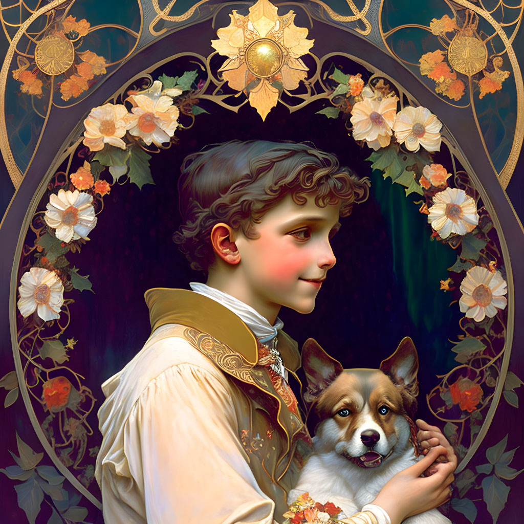 Smiling child hugging dog in period clothing with floral backdrop