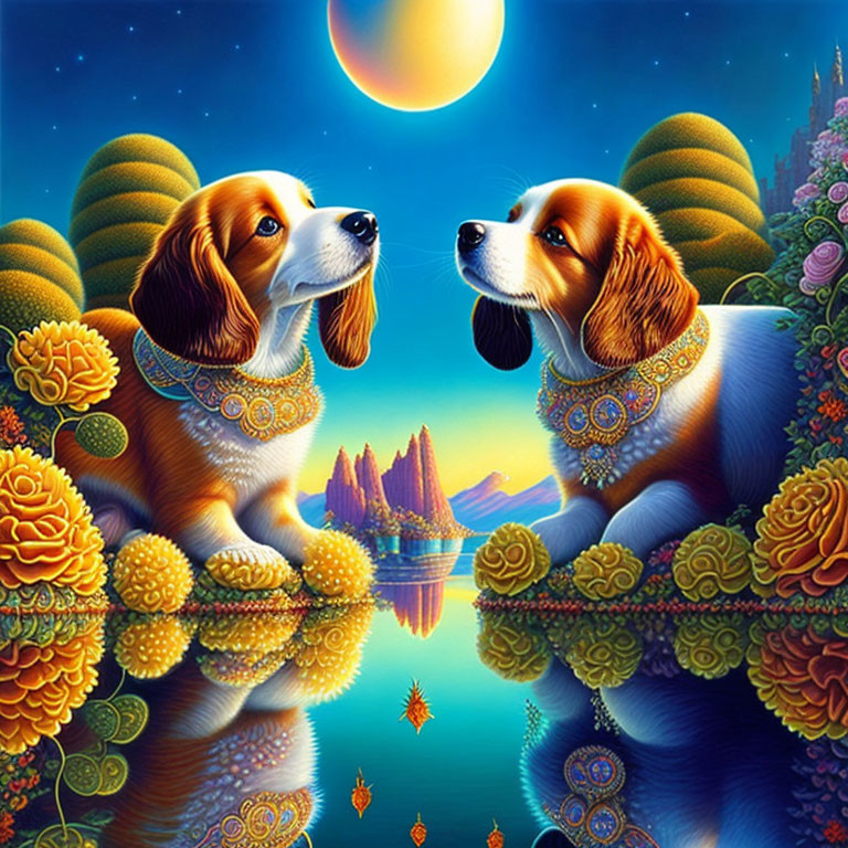 Two Beagles with Ornate Collars in Fantastical Landscape