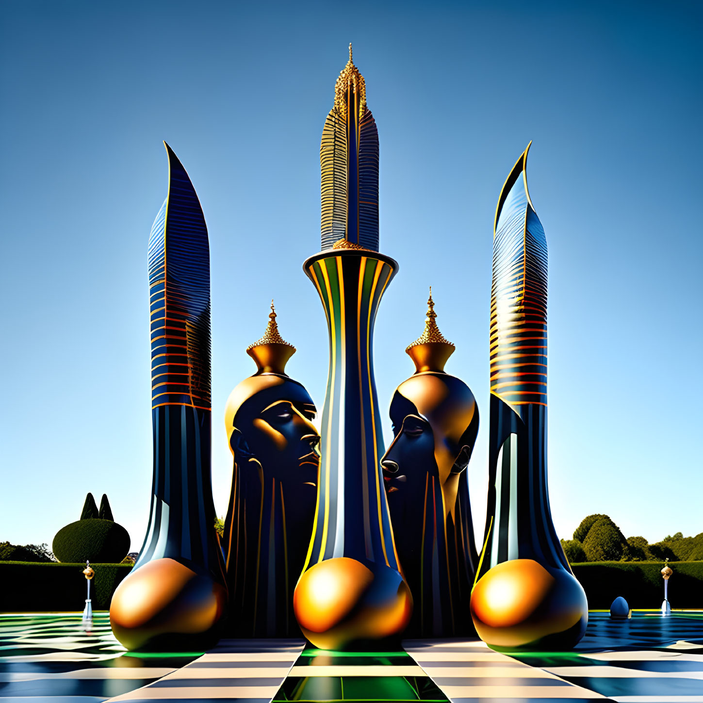 Surreal landscape with face-shaped structures and golden crowns against blue sky