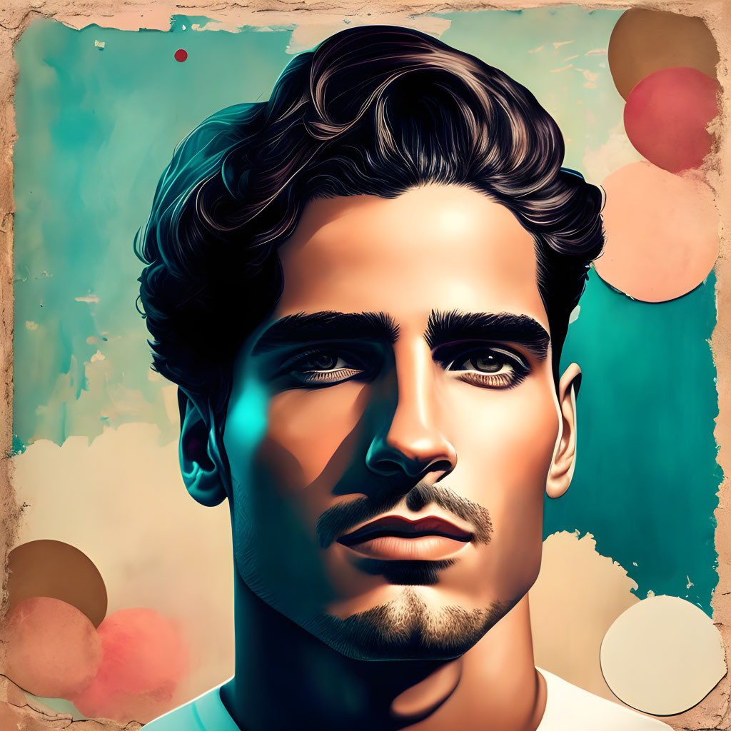 Digital portrait of a man with wavy hair and contemplative expression against pastel dot backdrop