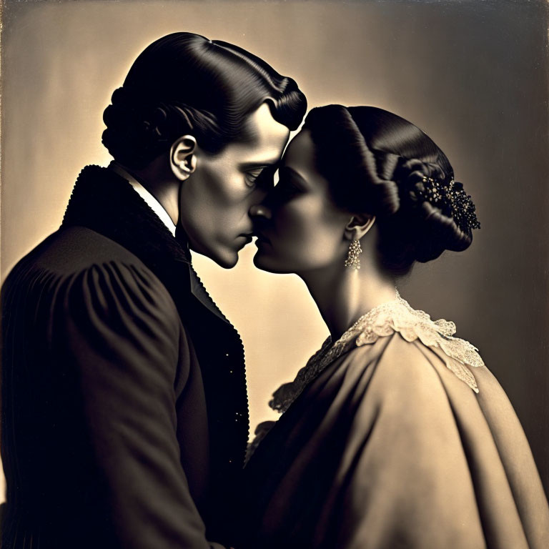 Vintage Attired Couple Touching Foreheads in Intimate Pose