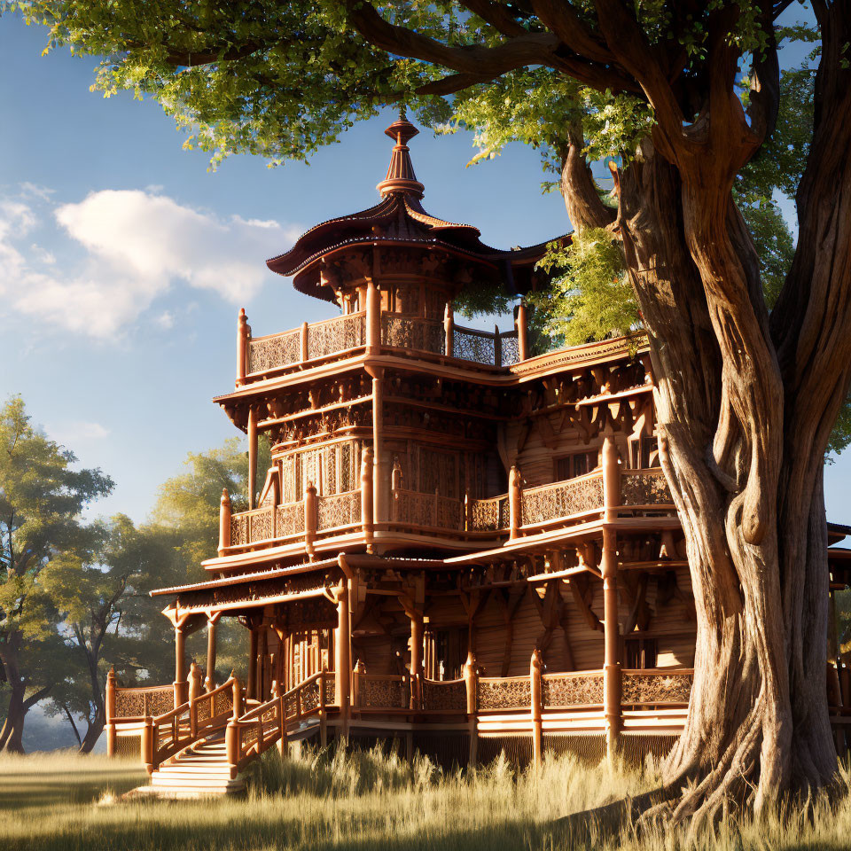 Traditional Wooden Pagoda Surrounded by Trees in Warm Sunlight