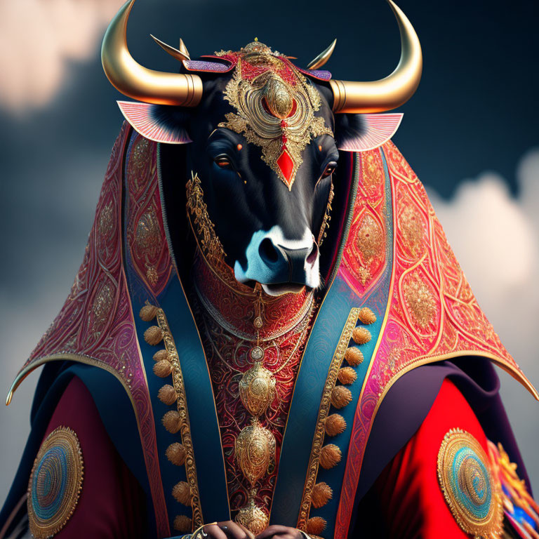 Anthropomorphic bull character in ornate attire against cloudy sky