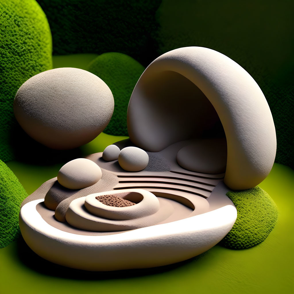 Abstract 3D Digital Art: Smooth Curved Shapes and Spheres in Neutral Colors on Textured