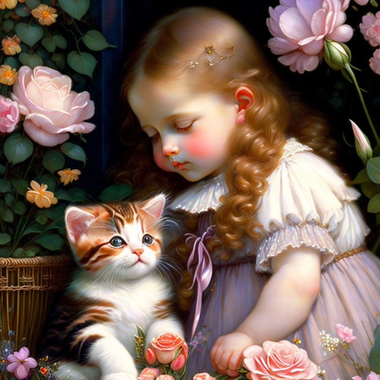 Young girl in white dress with curly hair petting kitten in rose garden