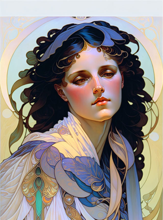 Stylized illustration of woman with dark curly hair and gold accents