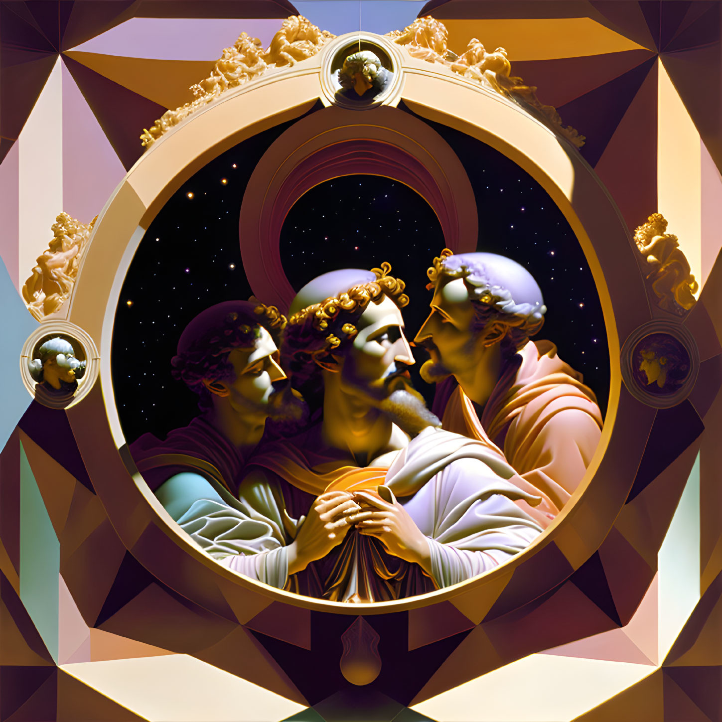 Digital artwork: Three male figures with laurel wreaths embracing in cosmic setting