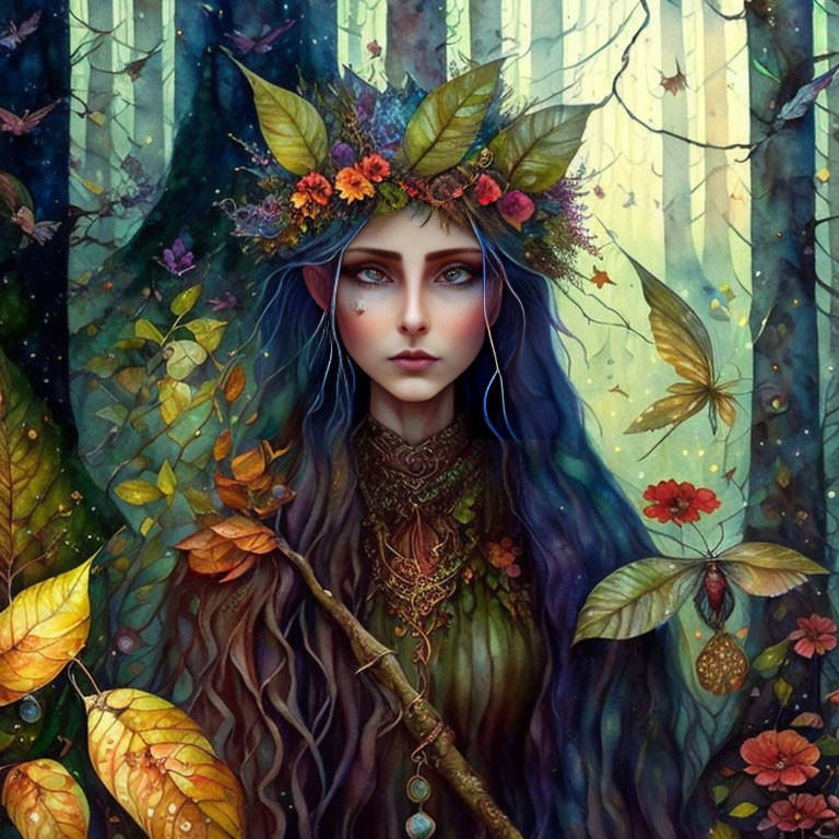 Fantasy illustration of woman with blue skin and floral crown in ethereal forest