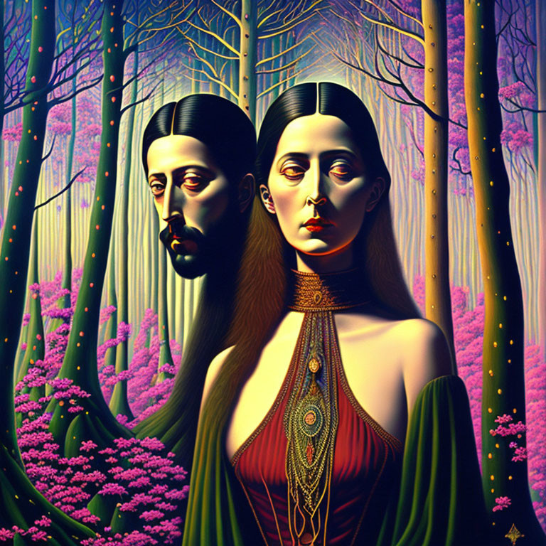 Dual-faced individual in surreal portrait with mystical forest background