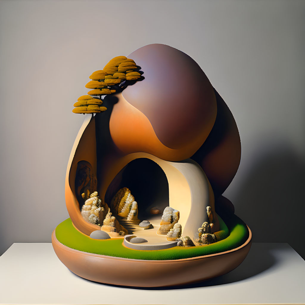 Modern Art Sculpture: Stylized Surreal Landscape with Tree, Cave, and Organic Forms