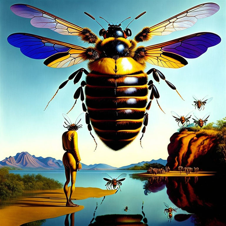 Surreal Artwork: Oversized Bee, Water Landscape, Mountains