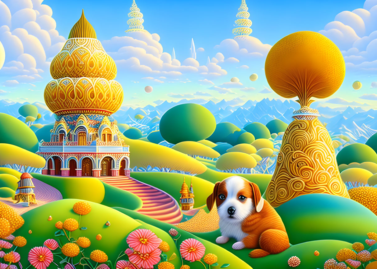 Vibrant landscape with ornate structures, dog, and colorful flora under a blue sky