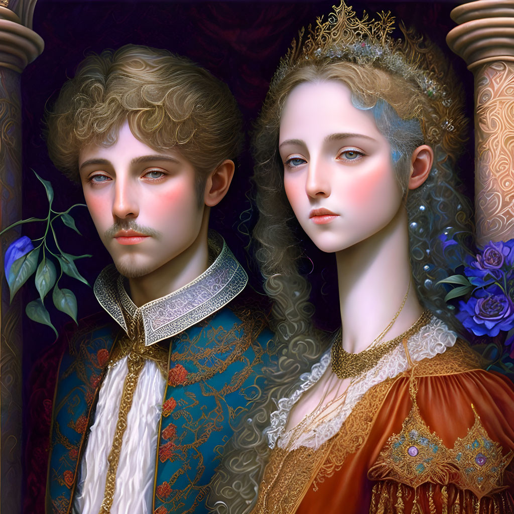 Elaborate Renaissance attire on regal man and woman