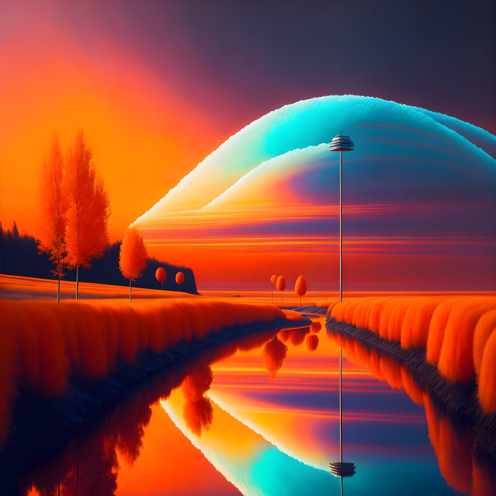 Vibrant orange and blue surreal landscape with mirrored trees and iridescent sky