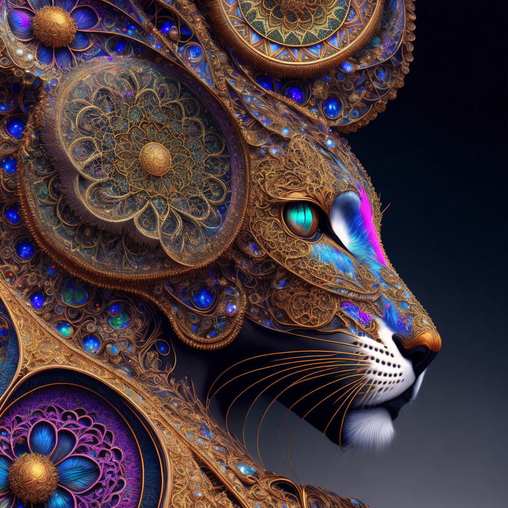 Stylized feline profile with ornate mandala patterns in gold, blue, and purple