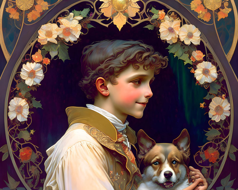 Smiling child hugging dog in period clothing with floral backdrop