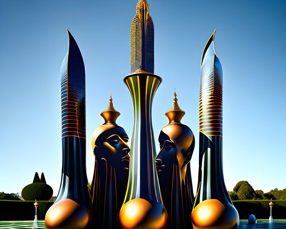 Surreal landscape with face-shaped structures and golden crowns against blue sky