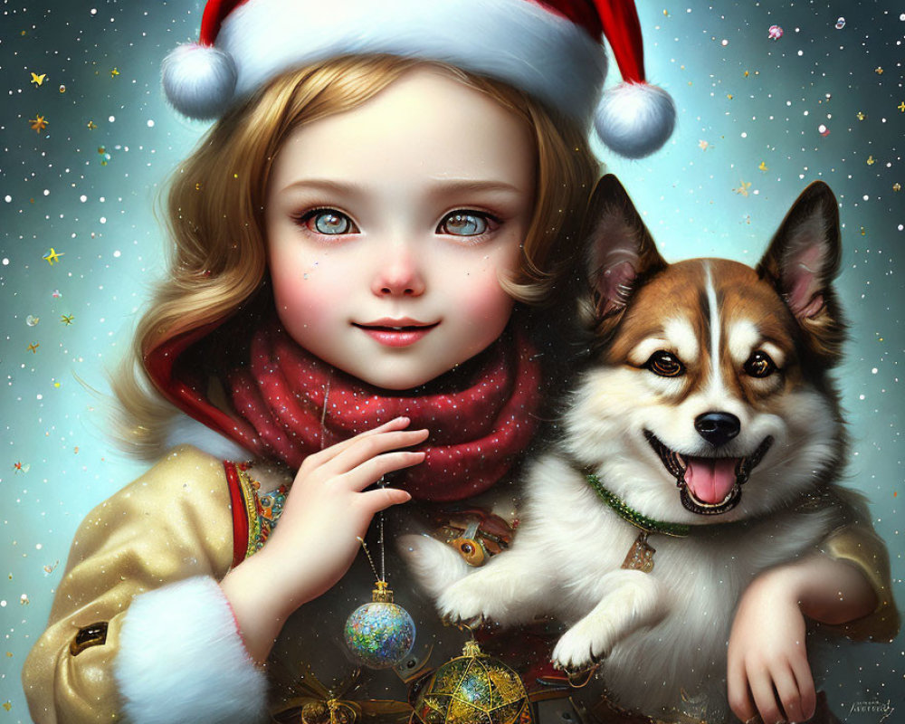 Digital illustration: Girl in Santa hat with corgi dog, Christmas ornaments, snowy backdrop, golden