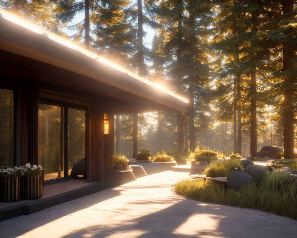 Spacious modern house in pine forest at sunset