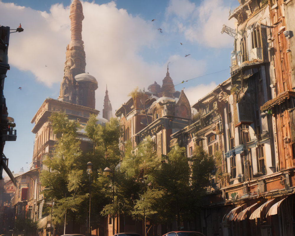 Sunlit street with sports cars, vintage buildings, and futuristic spire in a clear sky