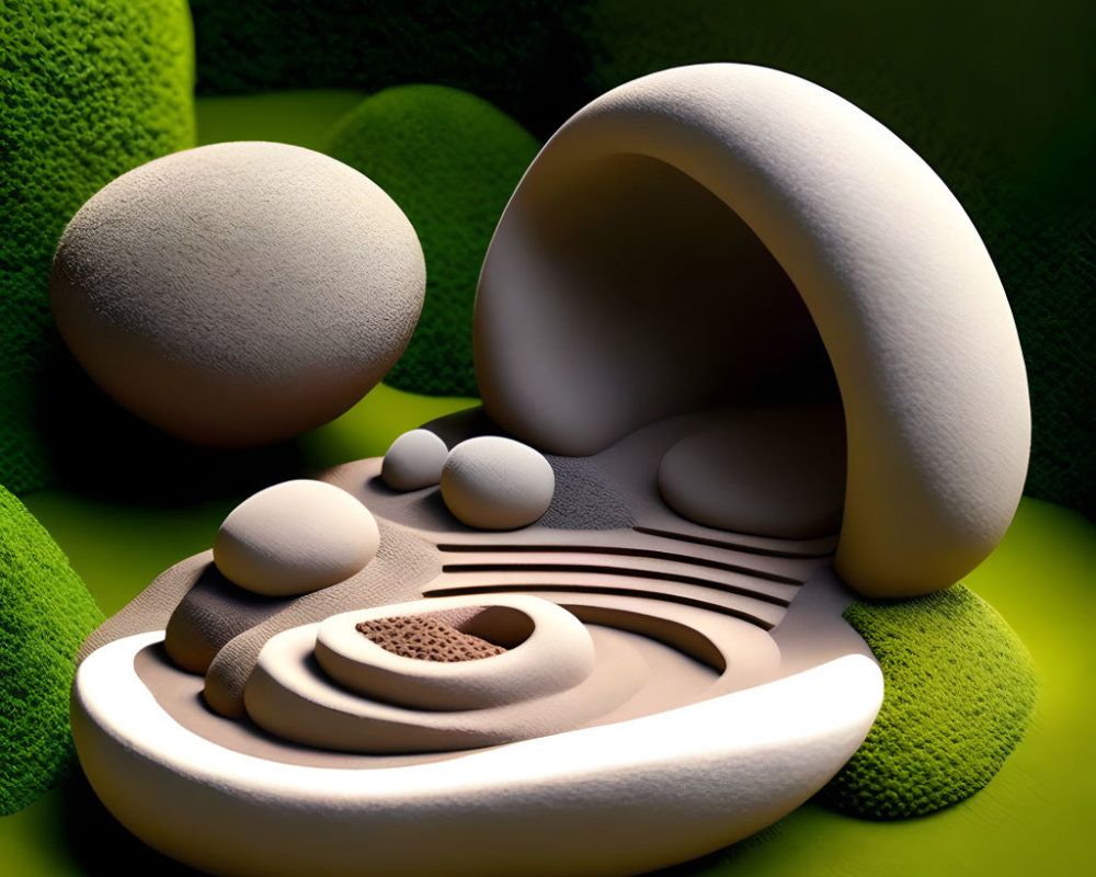 Abstract 3D Digital Art: Smooth Curved Shapes and Spheres in Neutral Colors on Textured