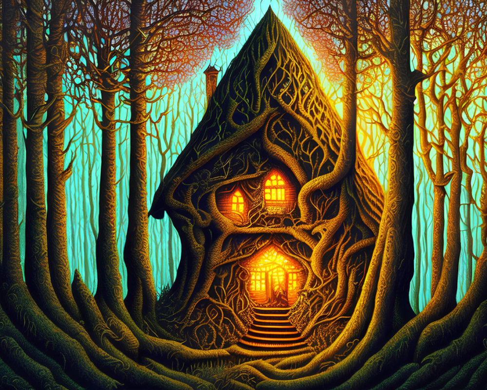 Whimsical house wrapped in tree roots in mystical forest at dusk