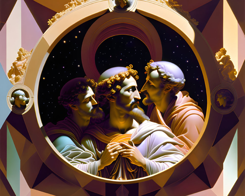 Digital artwork: Three male figures with laurel wreaths embracing in cosmic setting