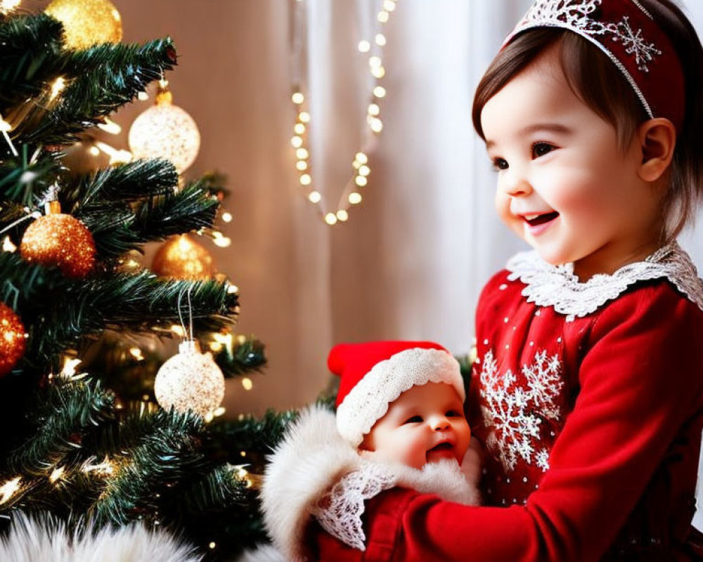 Toddler in red dress with tiara holding Santa hat doll by Christmas tree