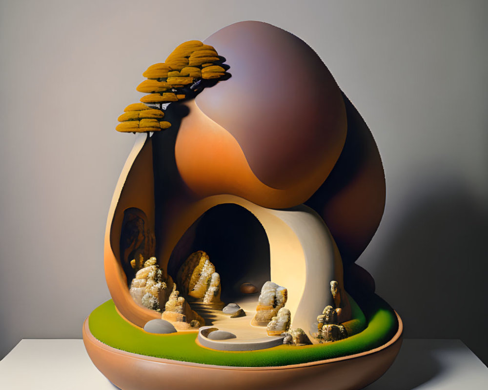 Modern Art Sculpture: Stylized Surreal Landscape with Tree, Cave, and Organic Forms