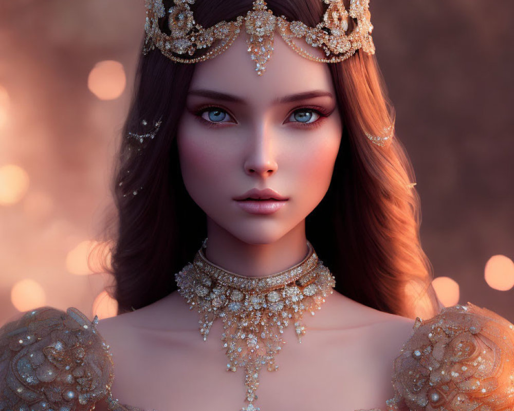 3D rendering of woman with blue eyes in golden tiara & necklace