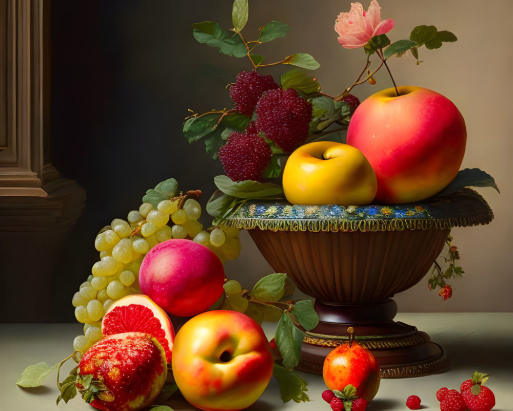 Assorted fruits and rose on table in dark-toned setting