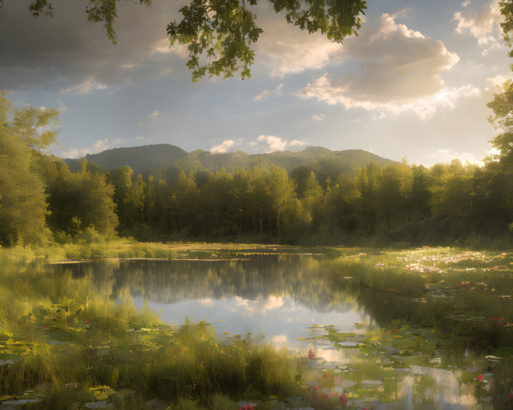 Tranquil lake scene with lily pads, flowers, lush trees, and golden sky