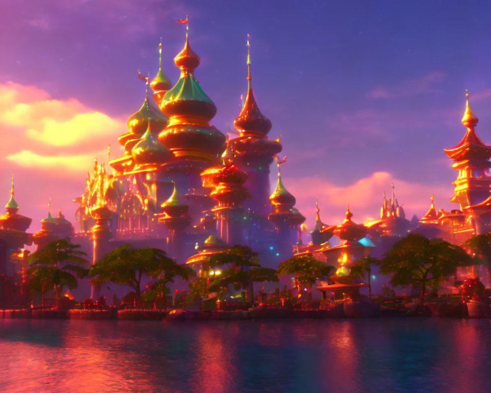 Multicolored spire-topped cityscape at sunset with magical aura